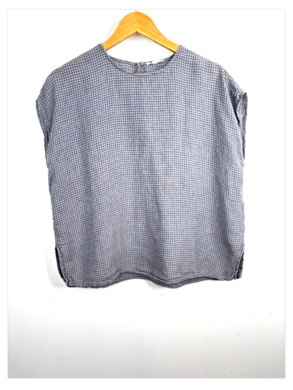 Eileen Fisher 100% Organic Linen Boxy Top XS Grey Plaid Gingham Sleeveless